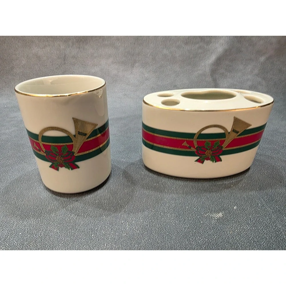 Vintage Christmas Ceramic Toothbrush Holder and Tumbler Set Gold Horn Japan